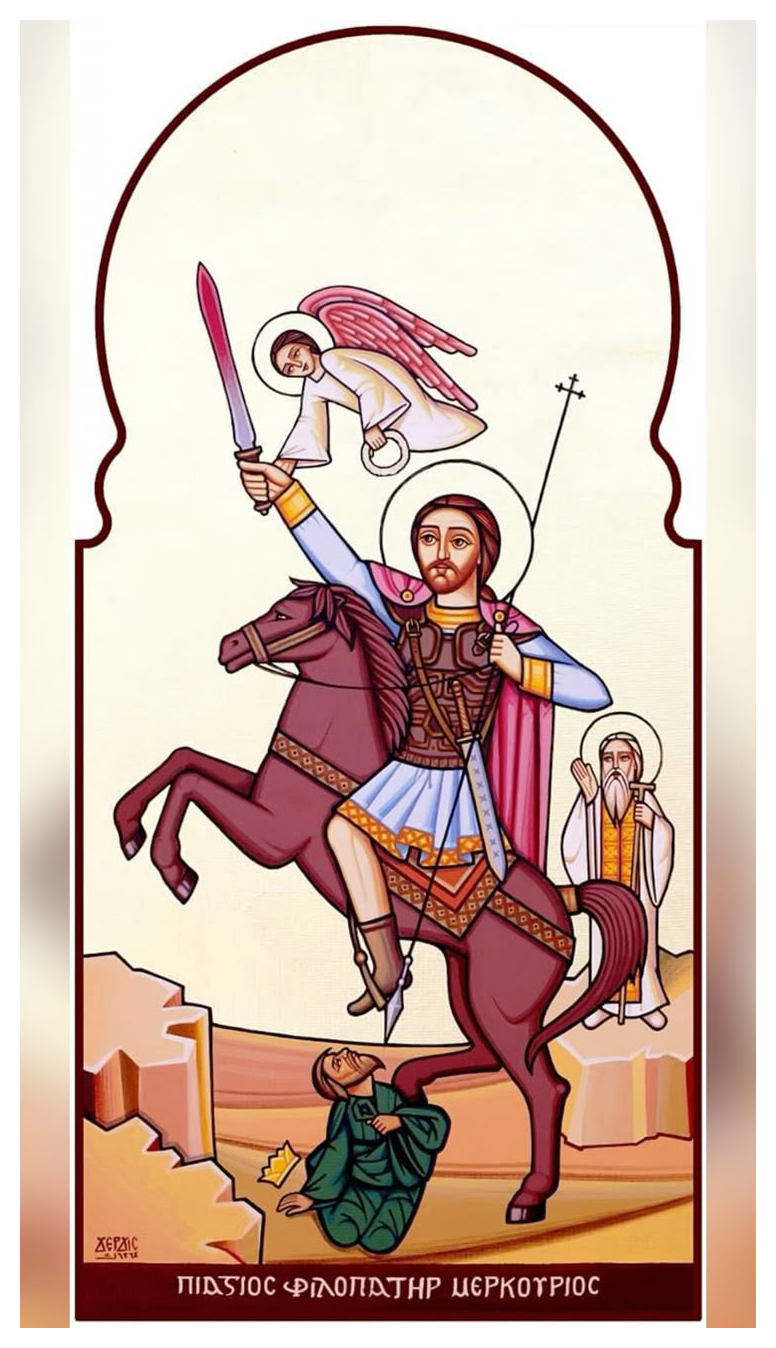 Koptisk ikon av S:t Filopater Mercurius (Abu Seifein) med två svärd